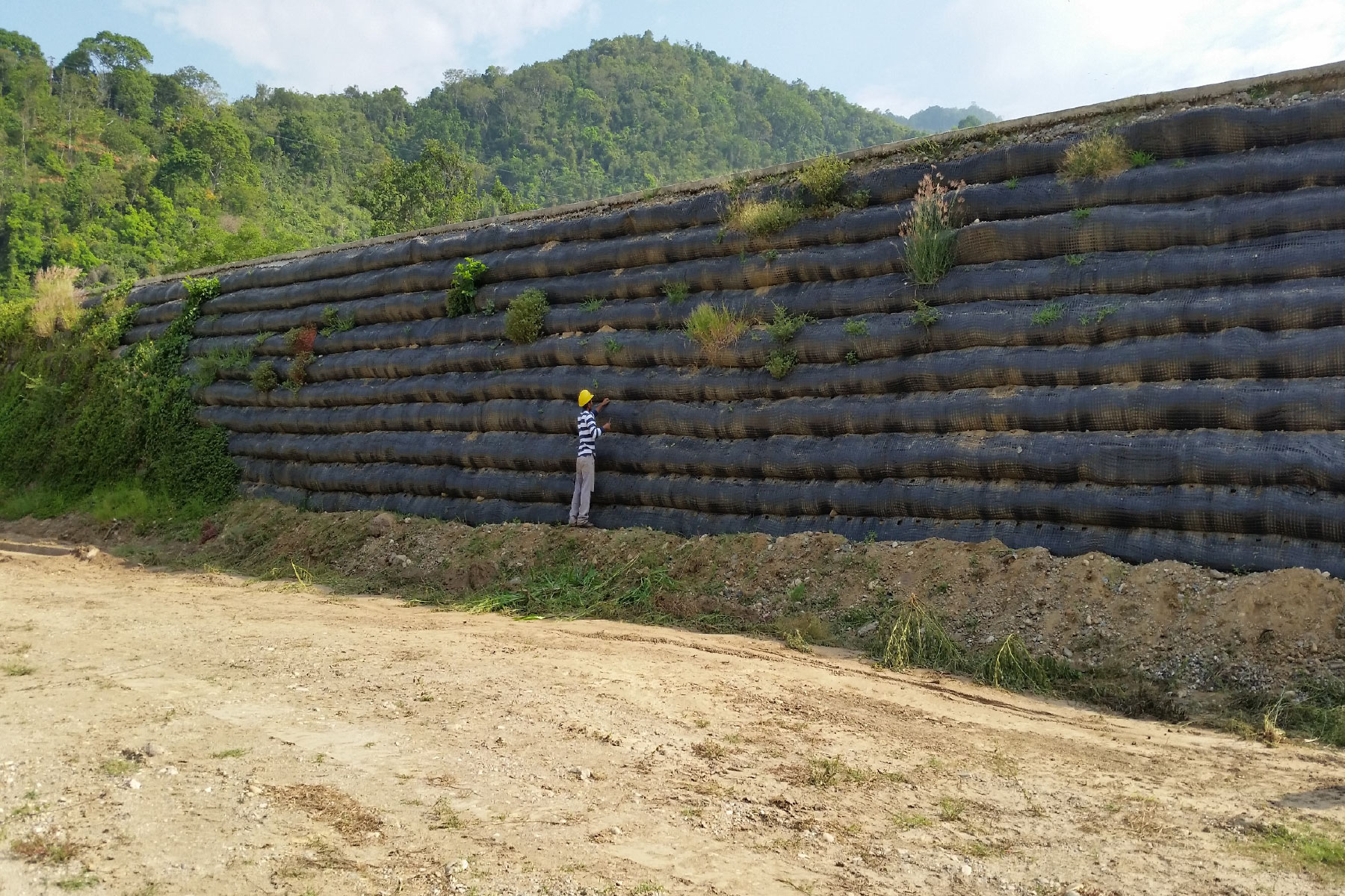 ￼￼Dique de terraplén reforzado de 6 m de altura por 600 m de largo, con geomallas de poliéster ECOGREEN. Reconstrucción de la margen izquierda del Río Castán, Valera, Estado Trujillo. 2012