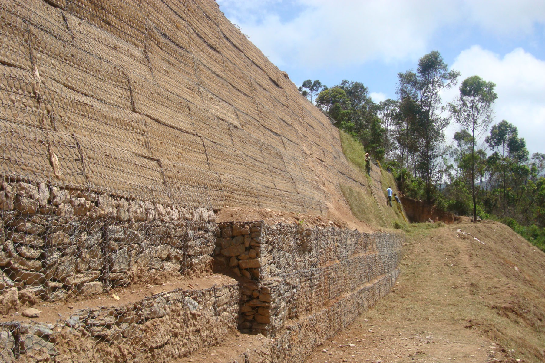 ￼Vista lateral de un Muro Mixto de 13 m de altura, construido para estabilizar una falla de borde en la etapa 5 del Desarrollo Habitacional Alto Verde, Los Teques, Edo. Miranda. 2007